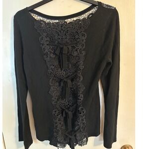WHBM White House Black Market Sweater Black Whimsigoth Lace Bow Woman's Medium